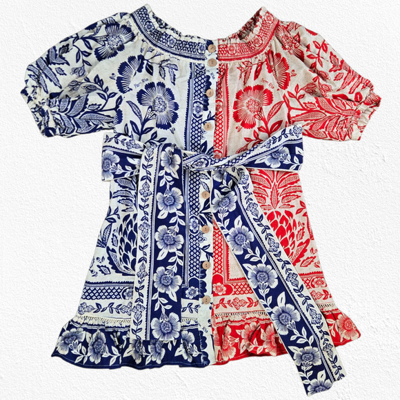 FARM Rio Mixed Pineapple Garden Mini Dress Red Blue Patchwork Floral Size XS - Picture 1 of 16